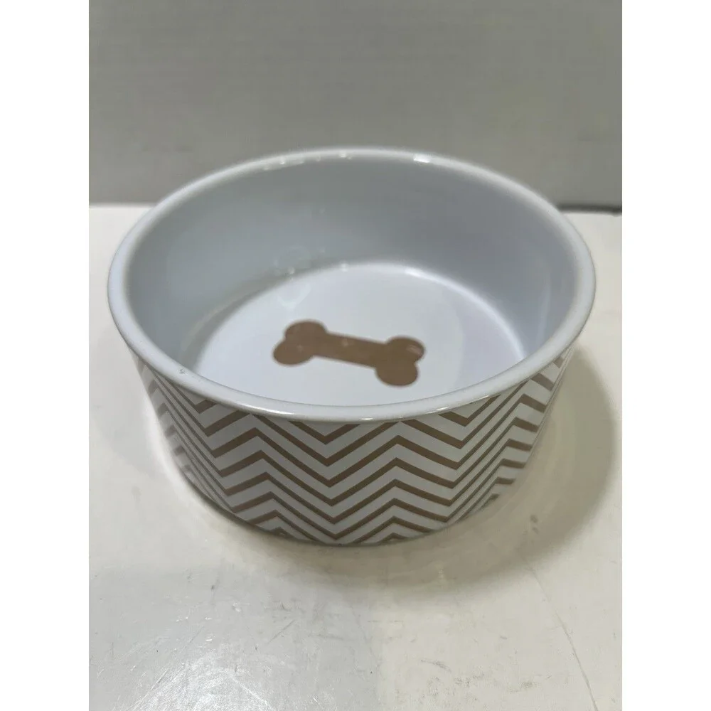 Petrageous Designs Dog Bowl Stoneware Bone Print Grey Chevron 5.75” DWS MS